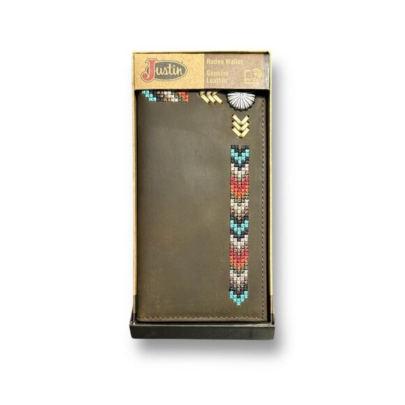 Justin Rodeo Wallet Brown Genuine Leather Tooled Western Stitch RFID Long Bifold - Picture 2 of 6